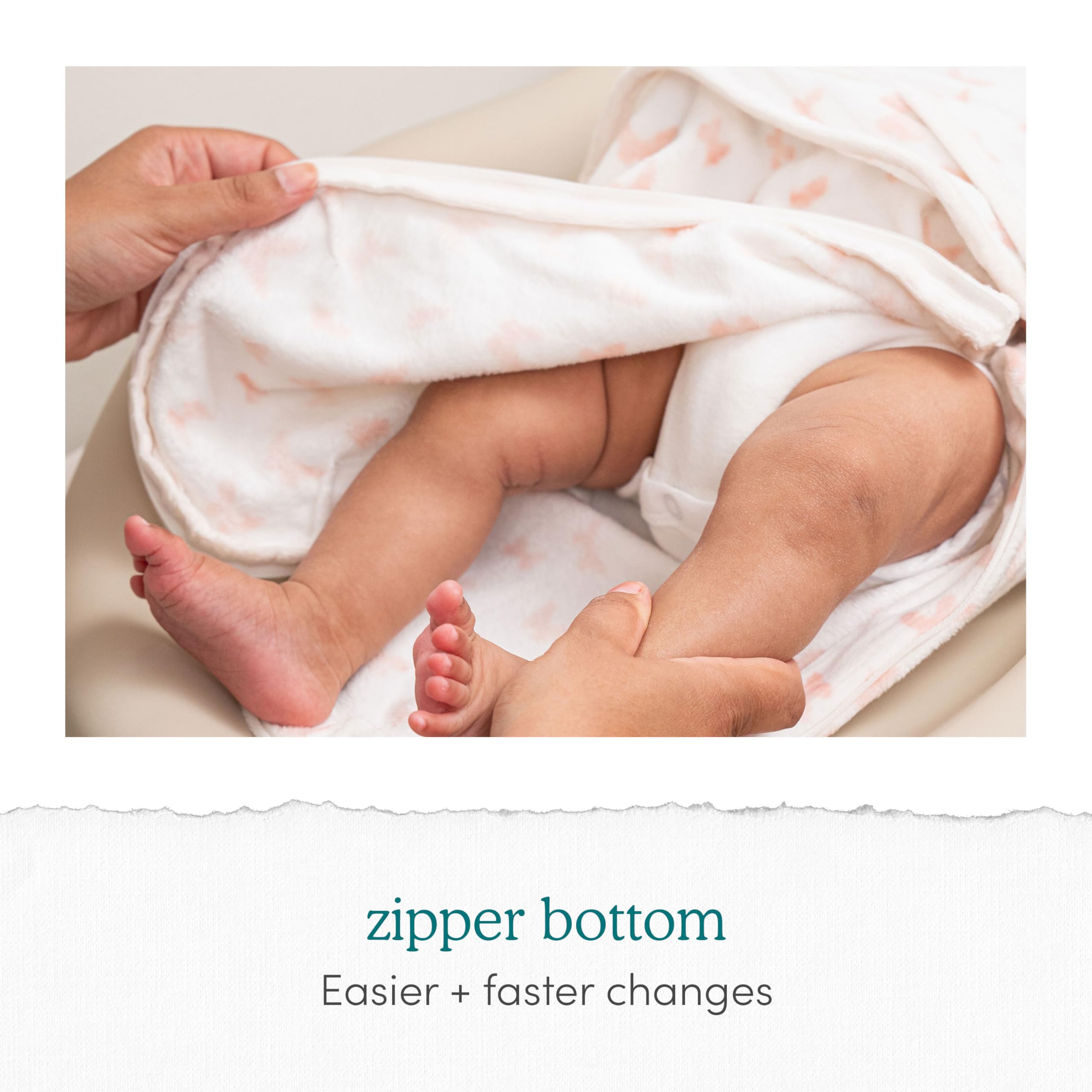 aden + anais wrap bottom zipper closeup demonstrates effortless diaper changes.