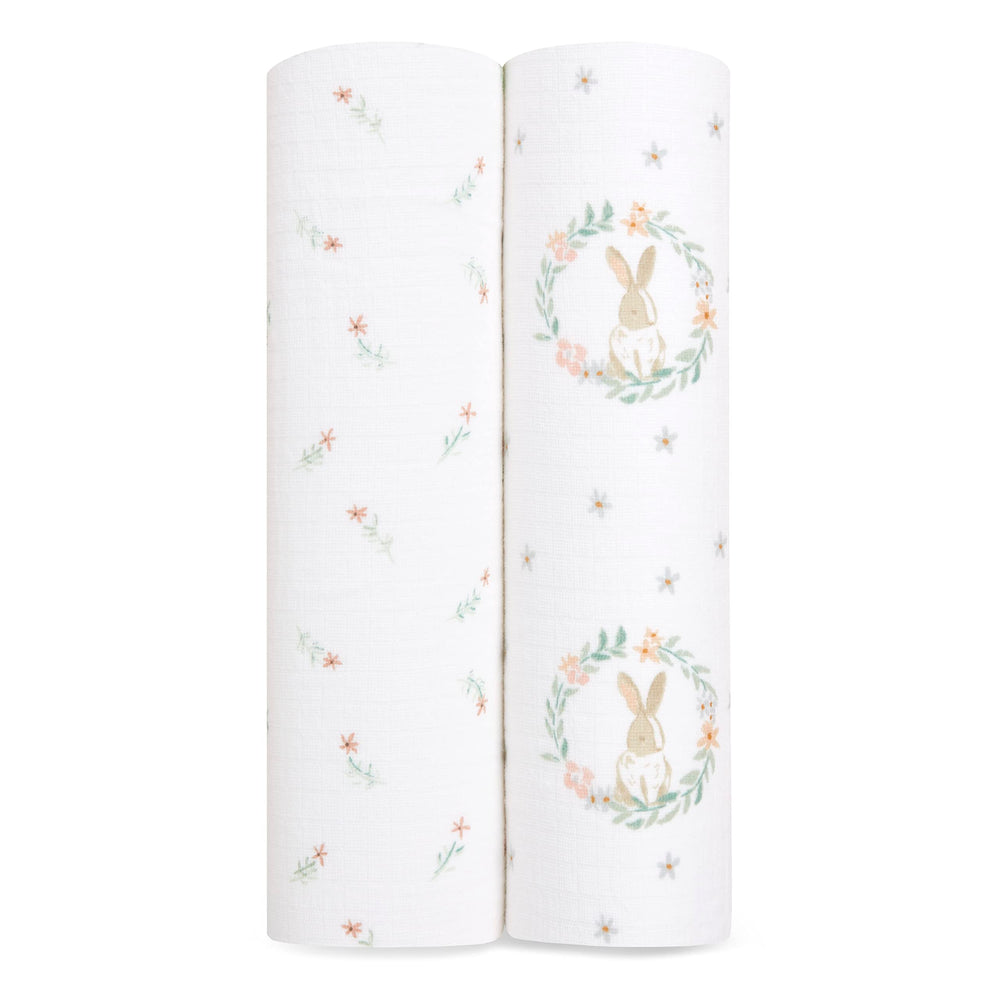 aden + anais Essentials Swaddle Blanket Blushing Bunnies for cozy, breathable swaddling.