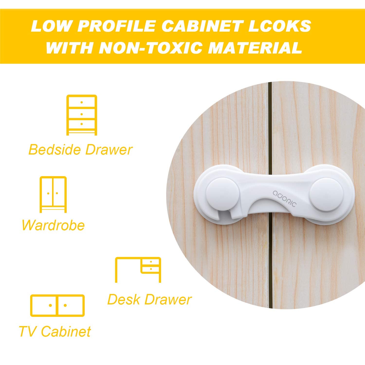 Adoric adhesive installation closeup shows strong no-tool mounting on a cabinet.