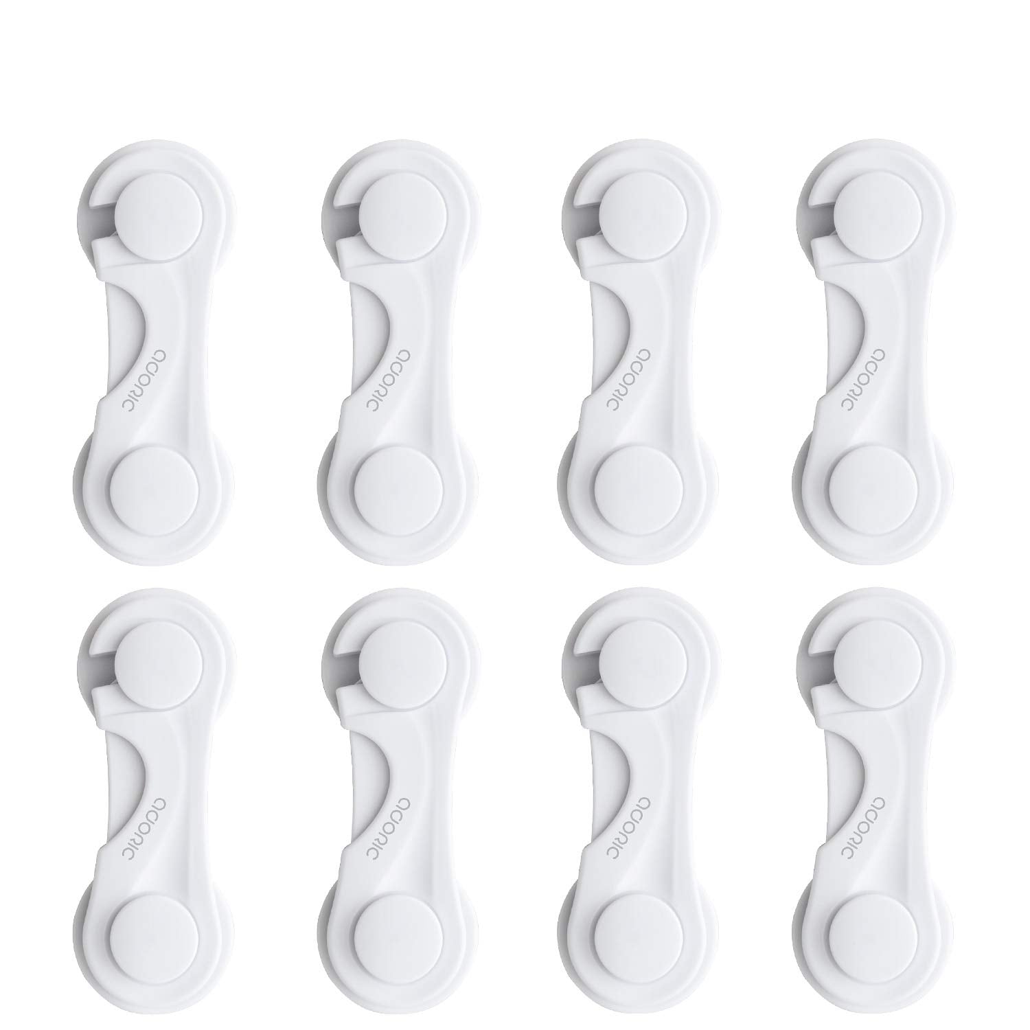 Adoric child safety locks demonstrating the buckle-press design for easy adult access.