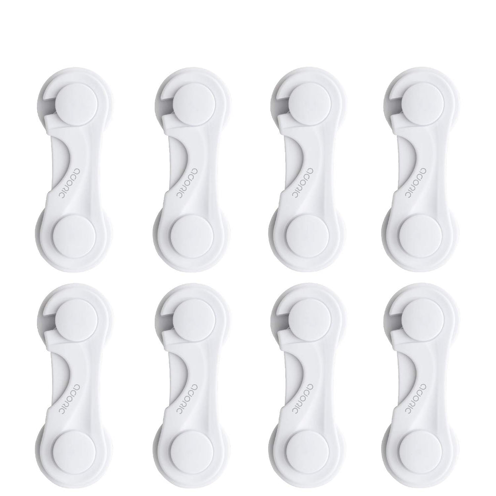 Adoric child safety locks demonstrating the buckle-press design for easy adult access.