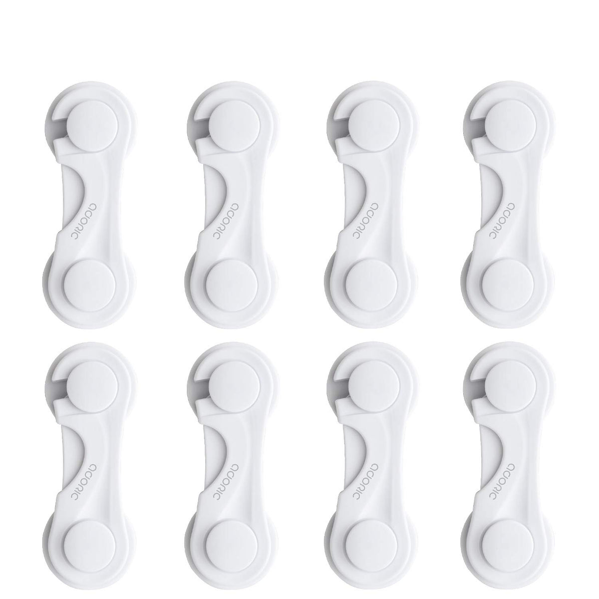Adoric child safety locks demonstrating the buckle-press design for easy adult access.
