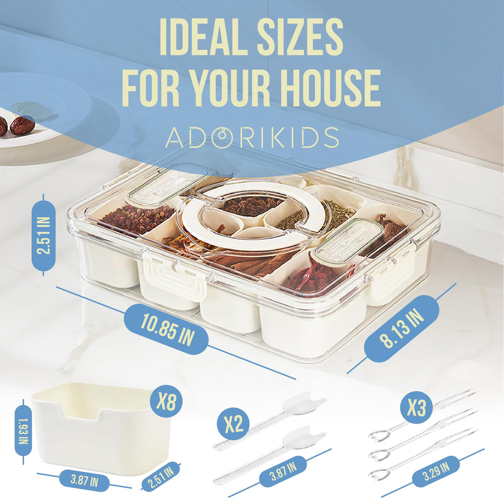 ADORIKIDS Snackle Box open showing eight compartments for organized snack portions.