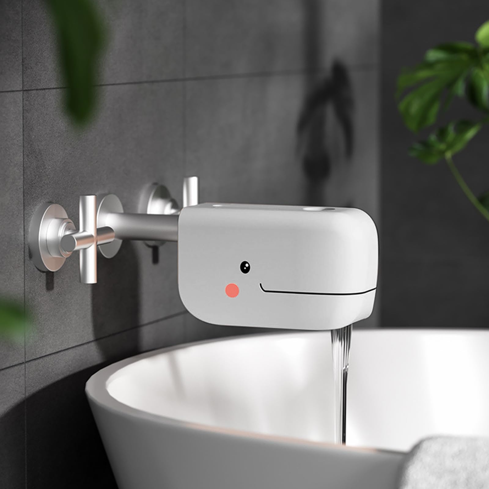 Adorila bath spout cover installed securely in grey finish.