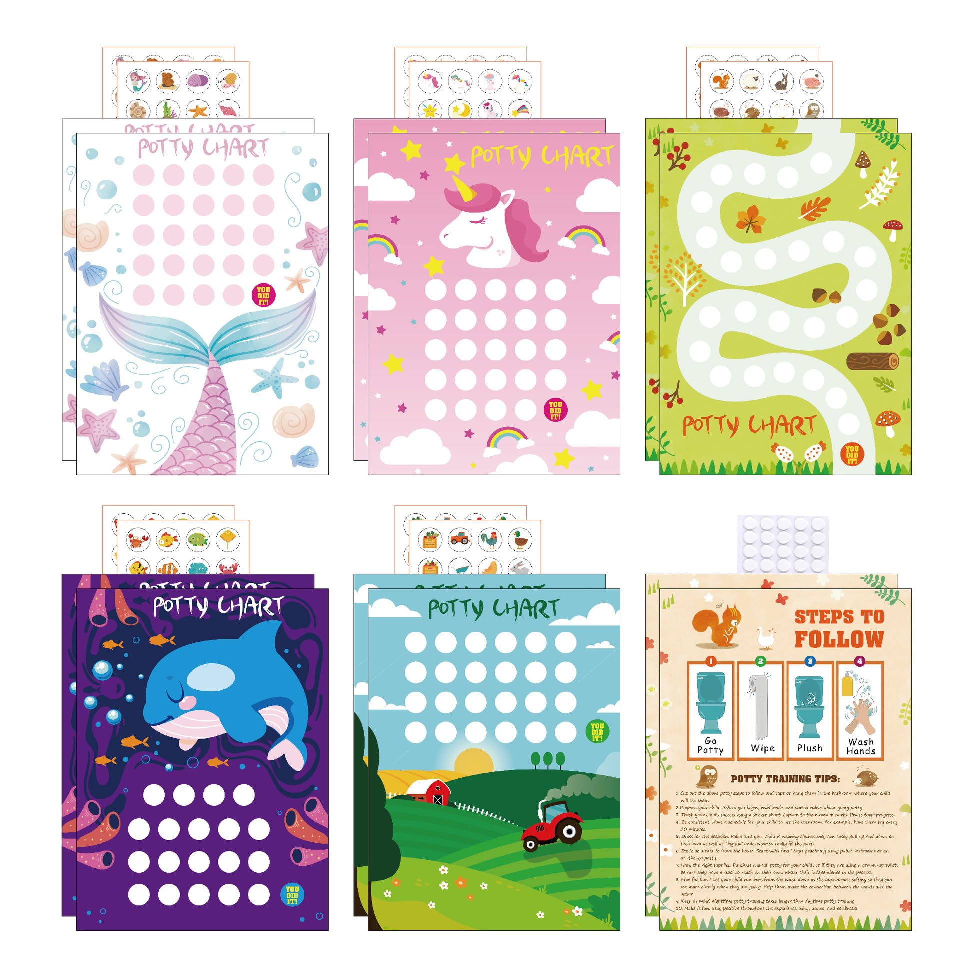 Adullpony potty chart theme-1 with bright animals to motivate daily sticker milestones.