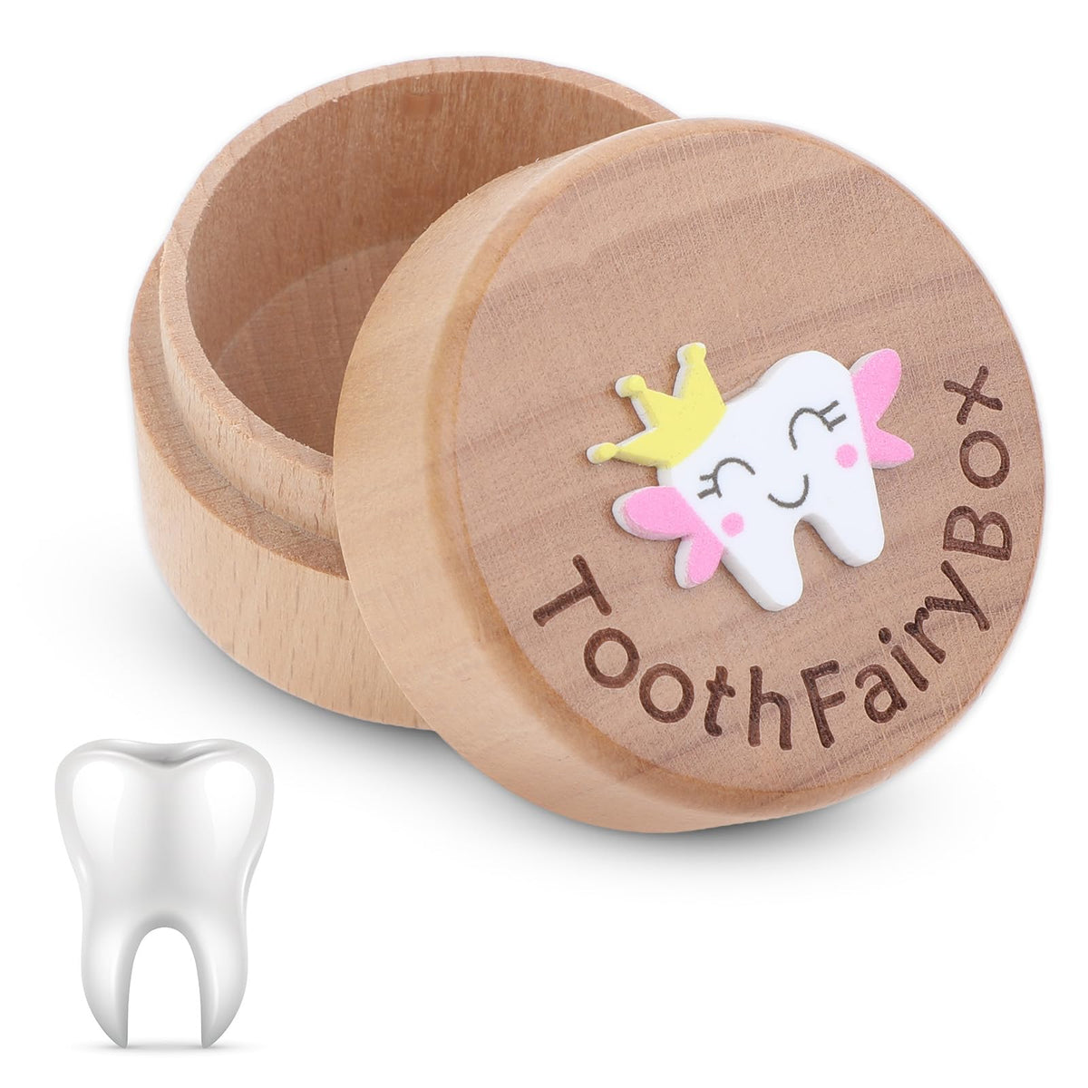 Aeaocvo Tooth Keepsake Box front view shows the 3D tooth crown for lasting memories