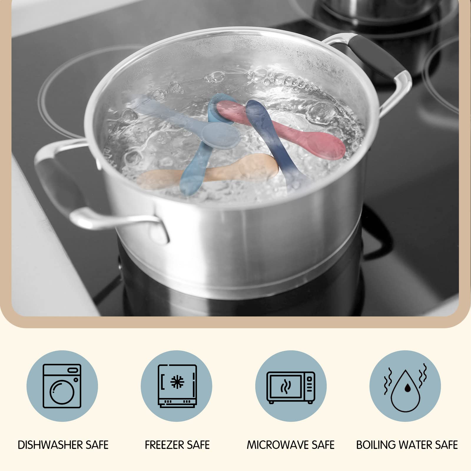 Aedida silicone spoons tableware scene demonstrates practical self-feeding during meals.