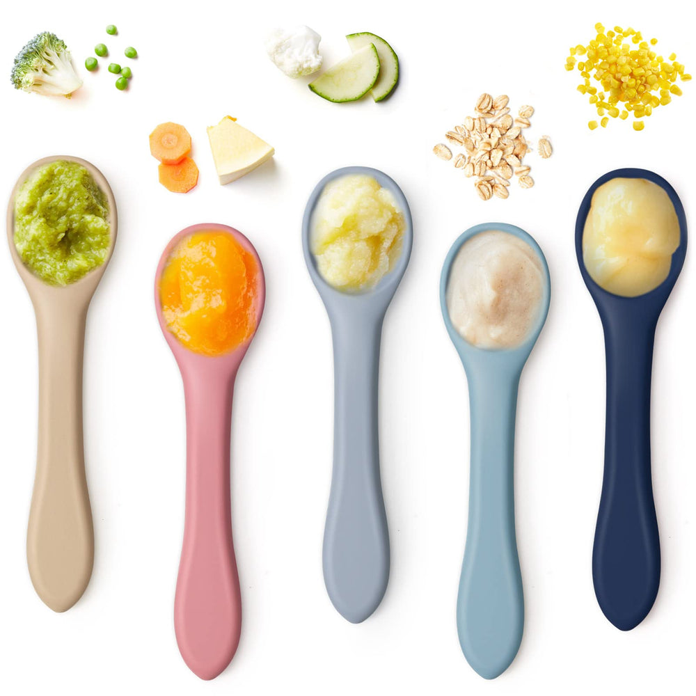 Aedida soft-tip silicone spoons close-up shows gentle material ideal for tender gums.