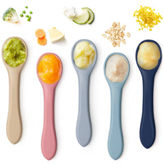 Aedida soft-tip silicone spoons close-up shows gentle material ideal for tender gums.