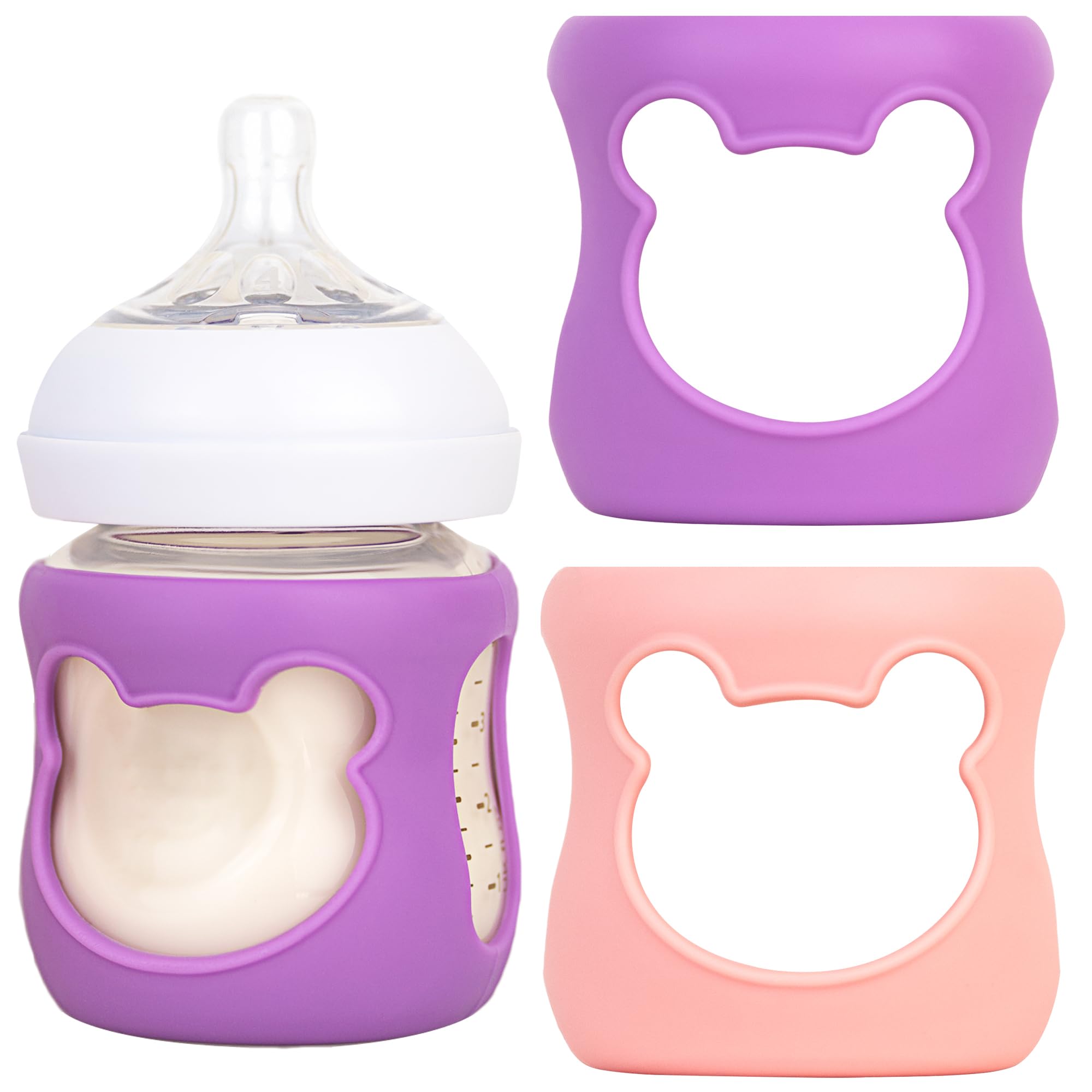 Aelop silicone bottle sleeve for Philips Avent 8oz in pink bear design provides grip and protection.