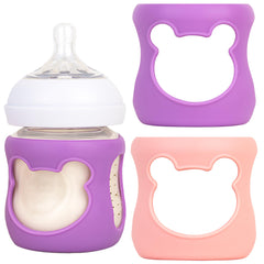 Aelop silicone bottle sleeve for Philips Avent 8oz in pink bear design provides grip and protection.
