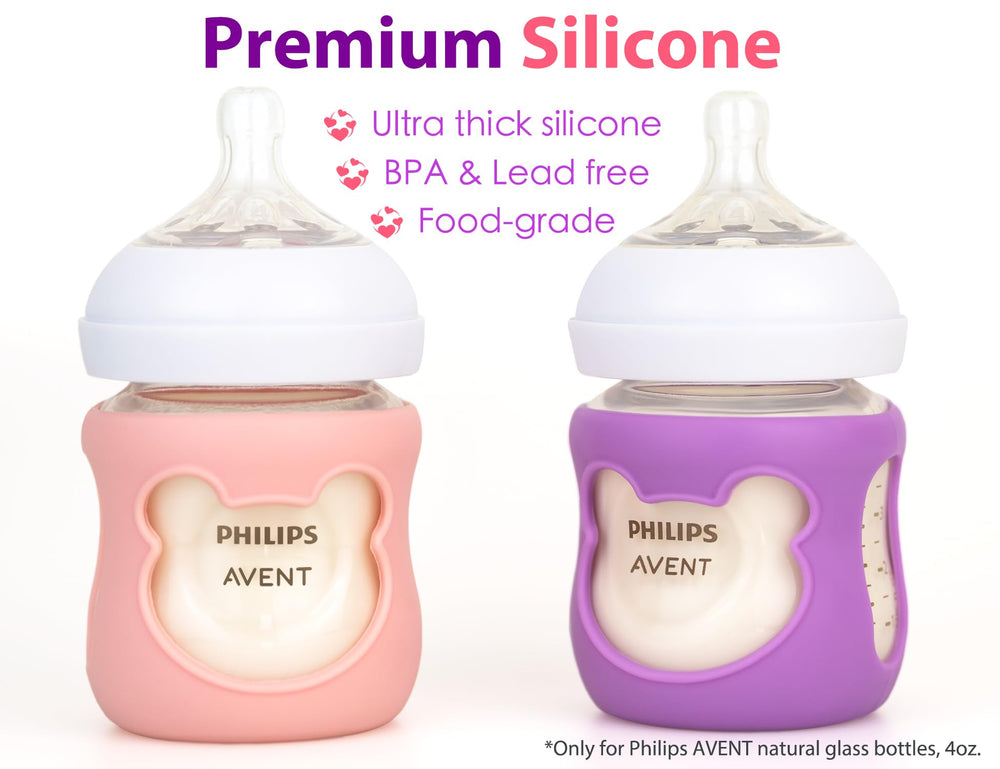 Aelop silicone bottle sleeve for Philips Avent 8oz in purple bear design provides grip and protection.