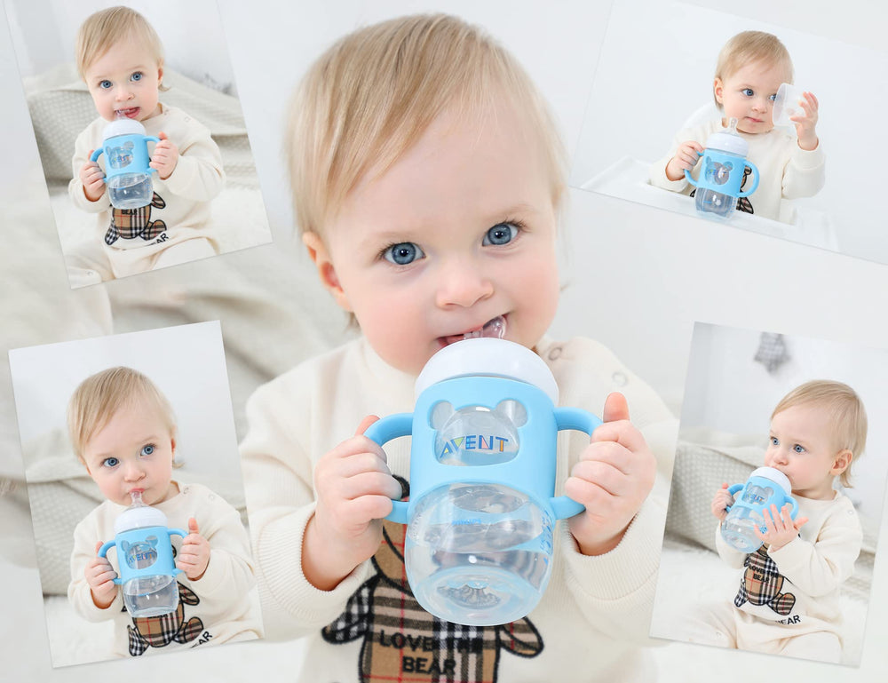 Aelop wide-neck compatible bottle handles shown on standard baby bottles.