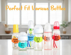 Bear-design Aelop label in bright colors helps organize bottles by child name.