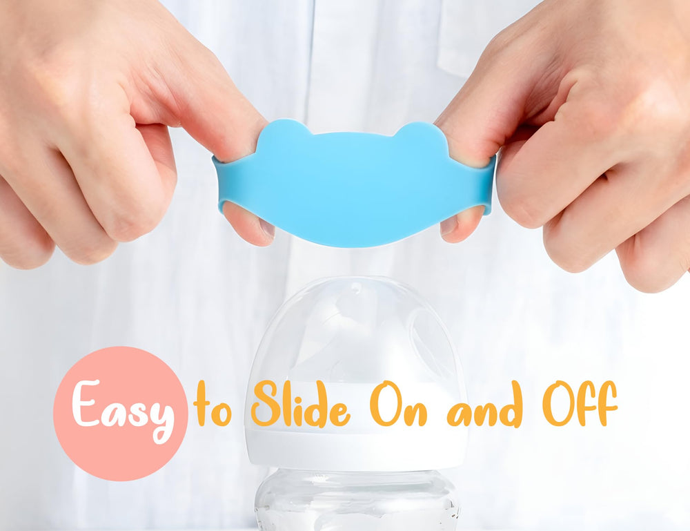 Aelop daycare bottle organization with bright bear labels for easy identification.