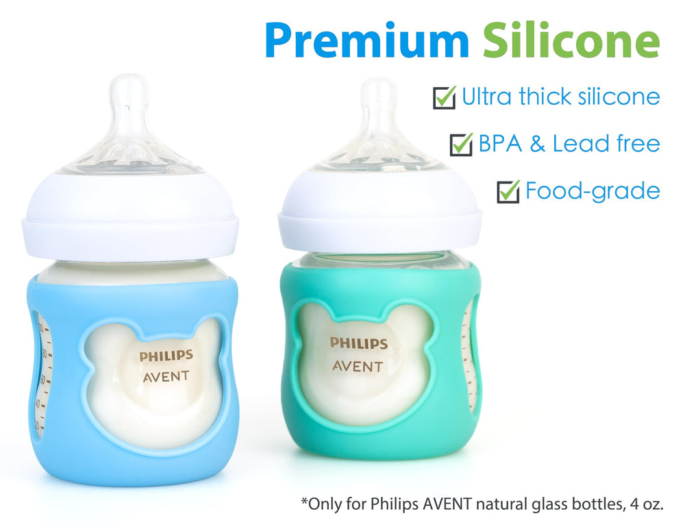 Aelop Philips Avent turquoise sleeve with bear design adds durable protection.