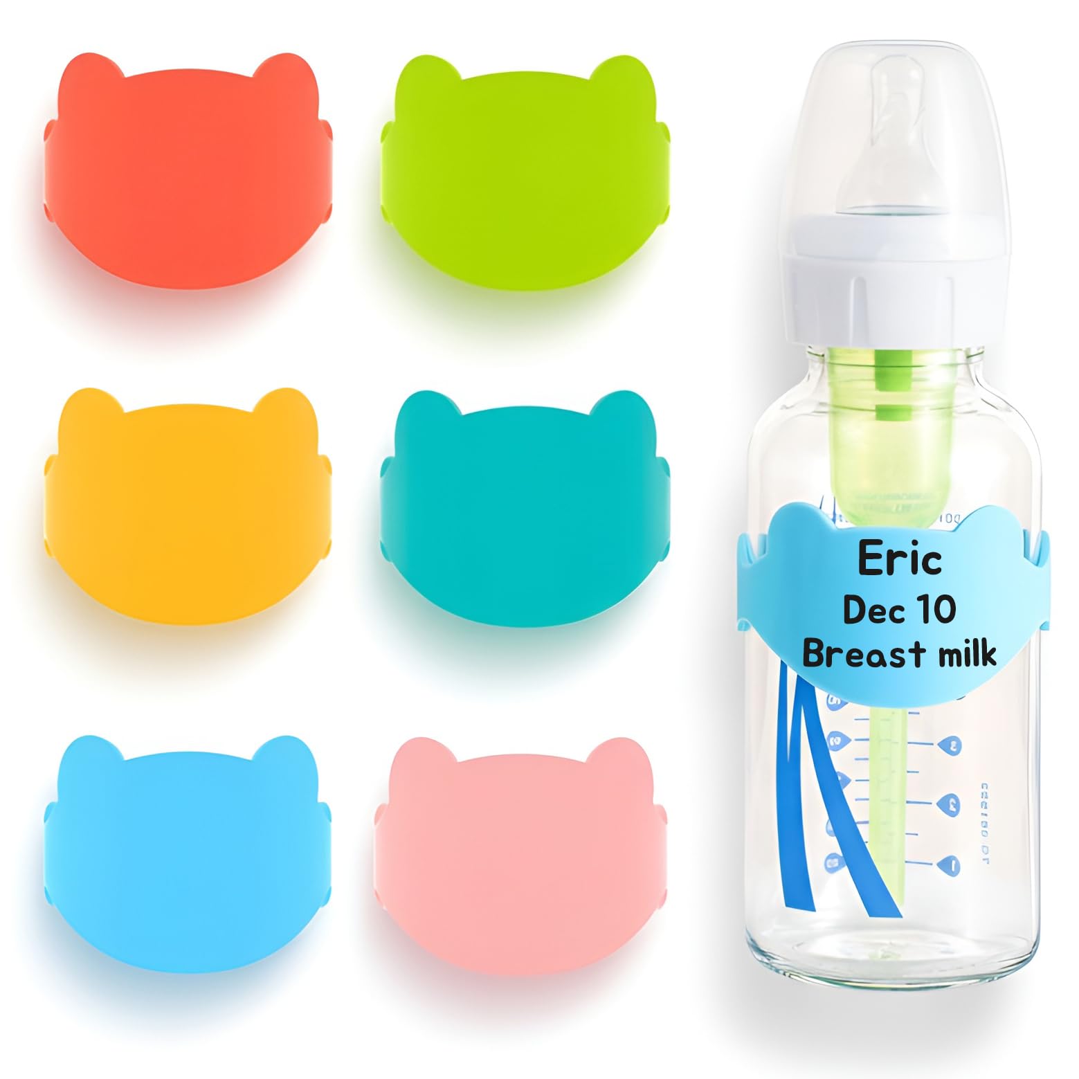 Aelop silicone bottle labels on a bottle, reusable and washable for daycare use.