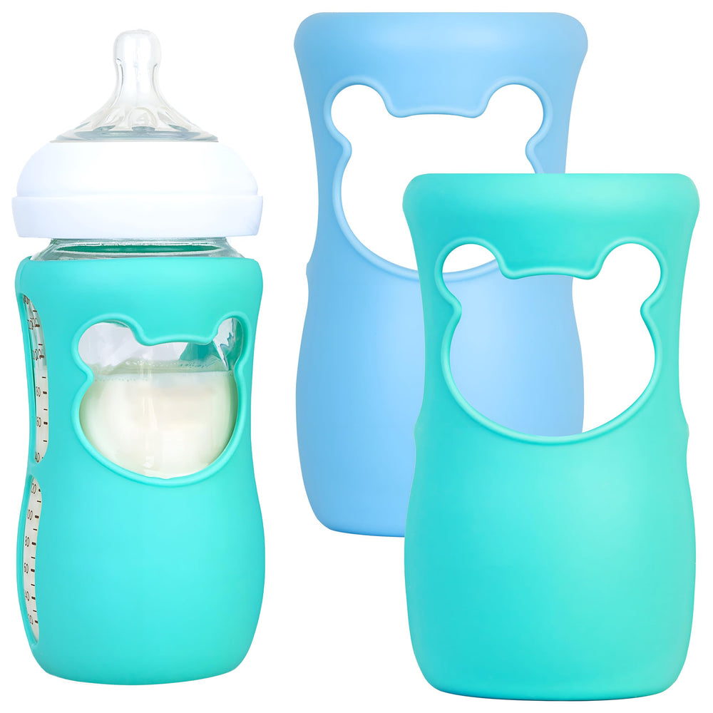 Aelop silicone sleeve on Avent 8oz bottle provides snug fit and protection