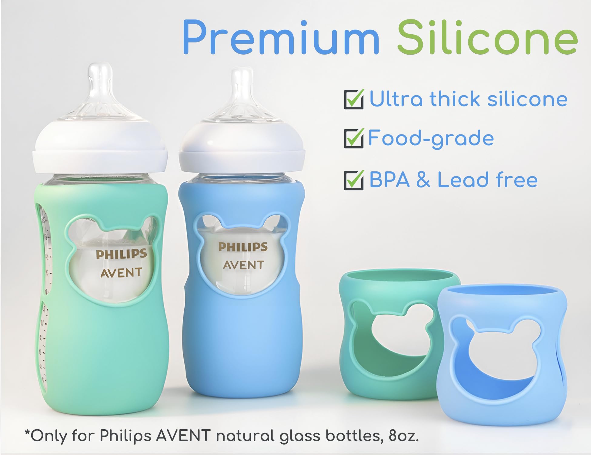 Aelop turquoise sleeve on Avent glass bottle demonstrates insulation