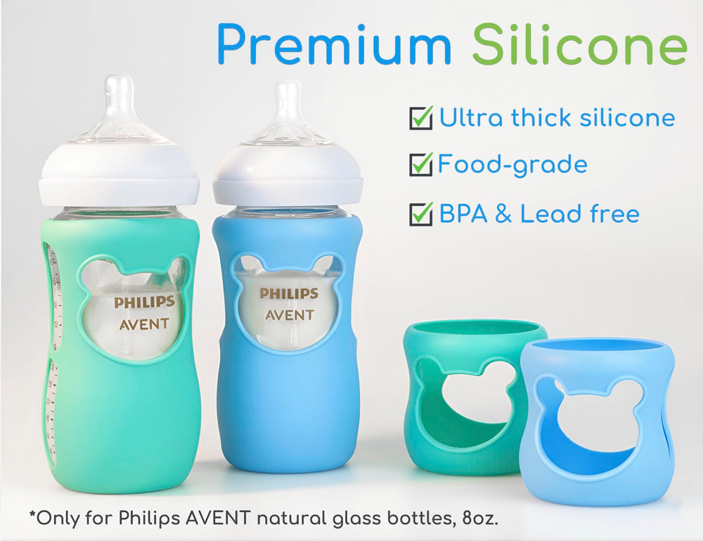 Aelop turquoise sleeve on Avent glass bottle demonstrates insulation
