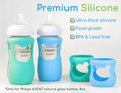 Aelop turquoise sleeve on Avent glass bottle demonstrates insulation