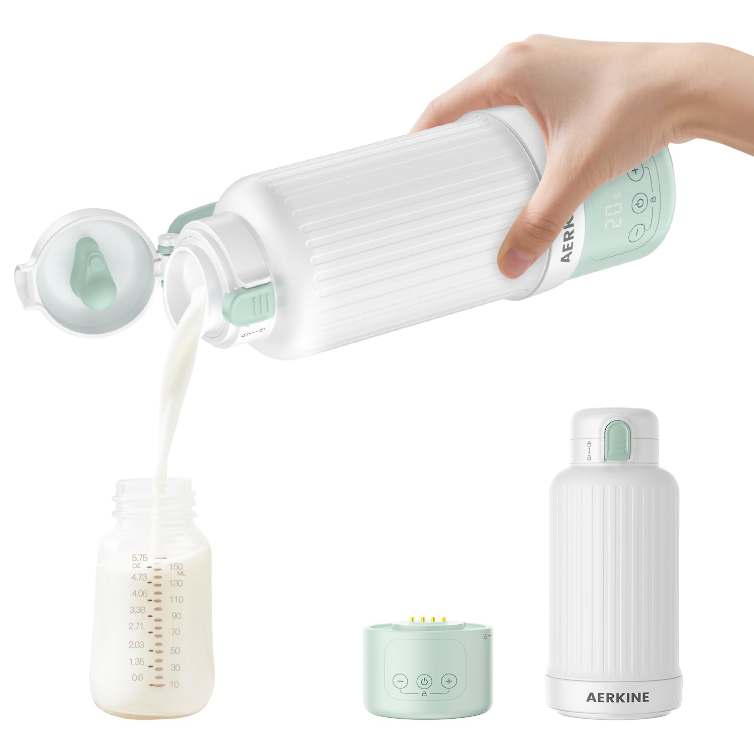 AERKINE portable milk warmer green front view for on-the-go feeding.