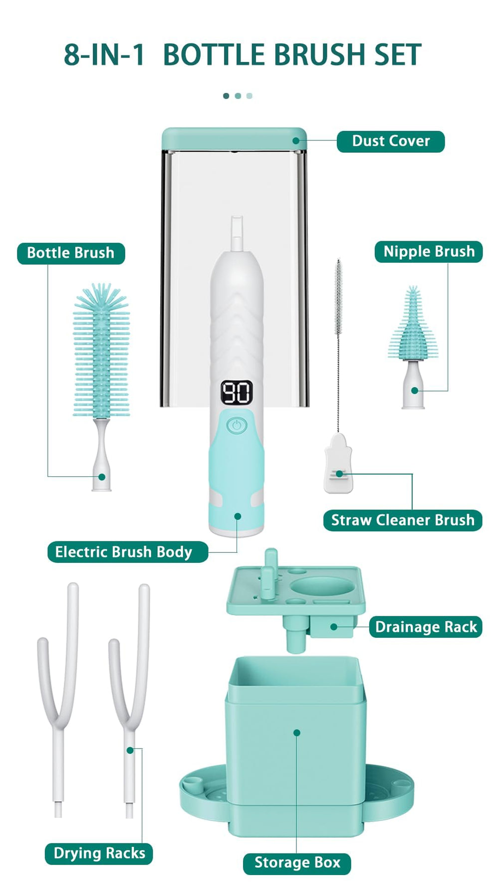 Aerofrog Electric Bottle Brush Cleaner drainage racks aid space-saving counter setup.