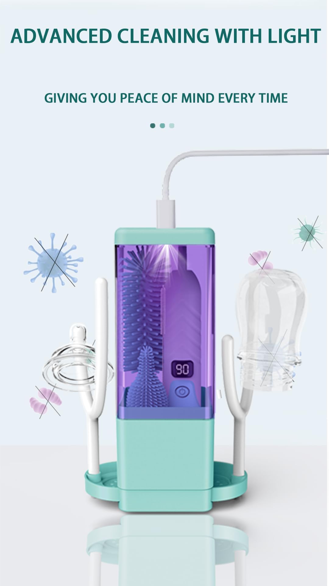 Aerofrog Electric Bottle Brush Cleaner USB charging cable supports on-the-go power.