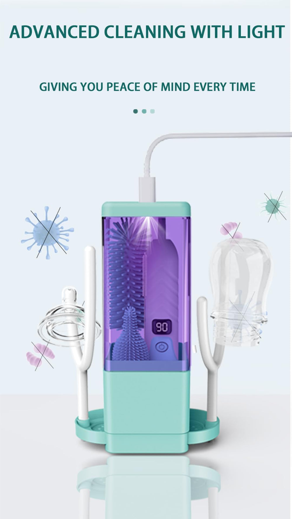 Aerofrog Electric Bottle Brush Cleaner USB charging cable supports on-the-go power.