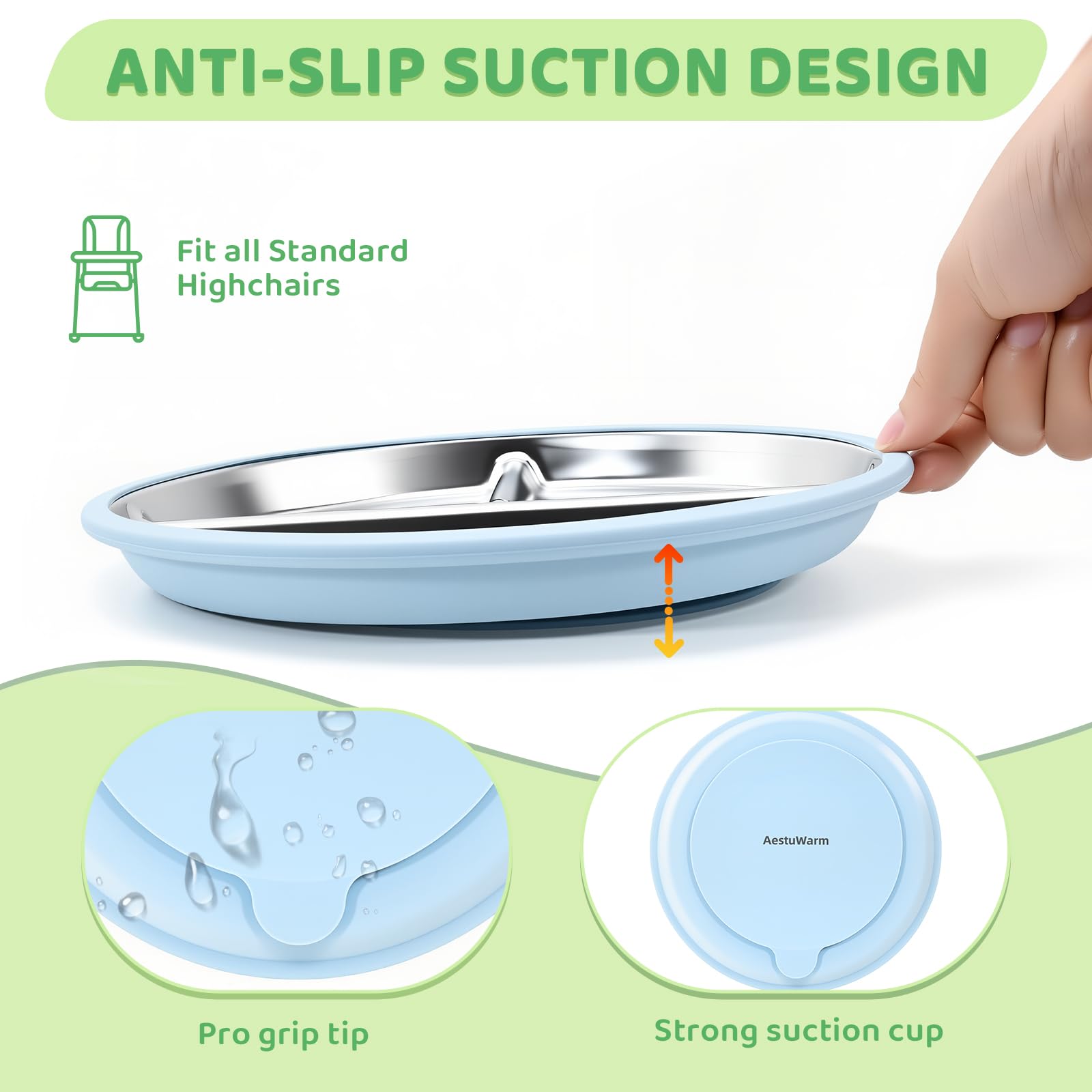 AestuWarm stainless steel plates with BPA-free silicone base for safe, durable dining.