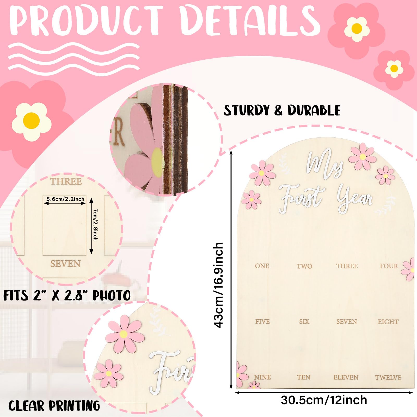 Afniimyapt daisy month grid closeup demonstrates 12-month labeling for easy photo placement.