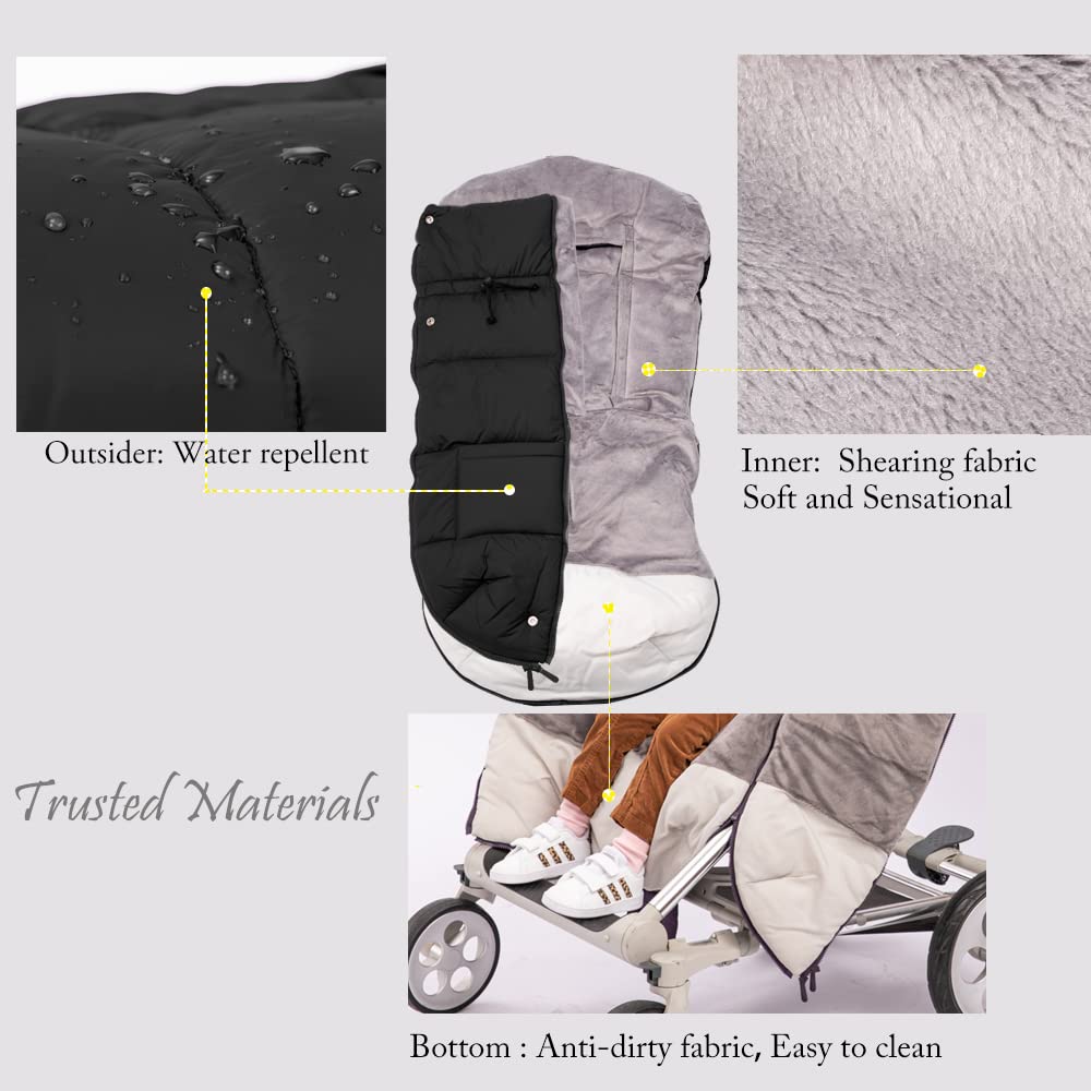 AGACAS universal fit back anti-slip keeps footmuff secure on any stroller.