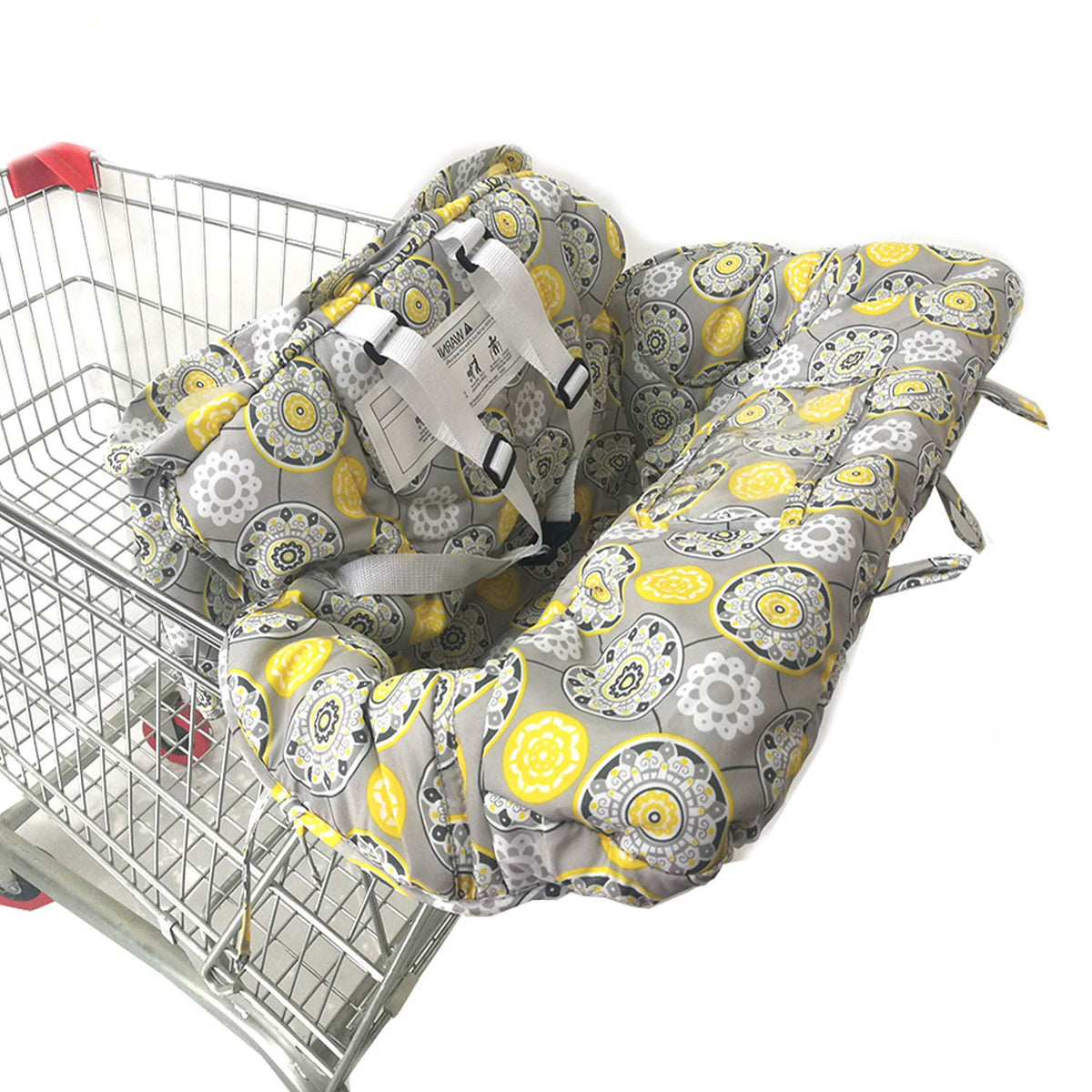 AGANS Infantmania cart cover folded in yellow flower design showing portable carry bag for on-the-go use.