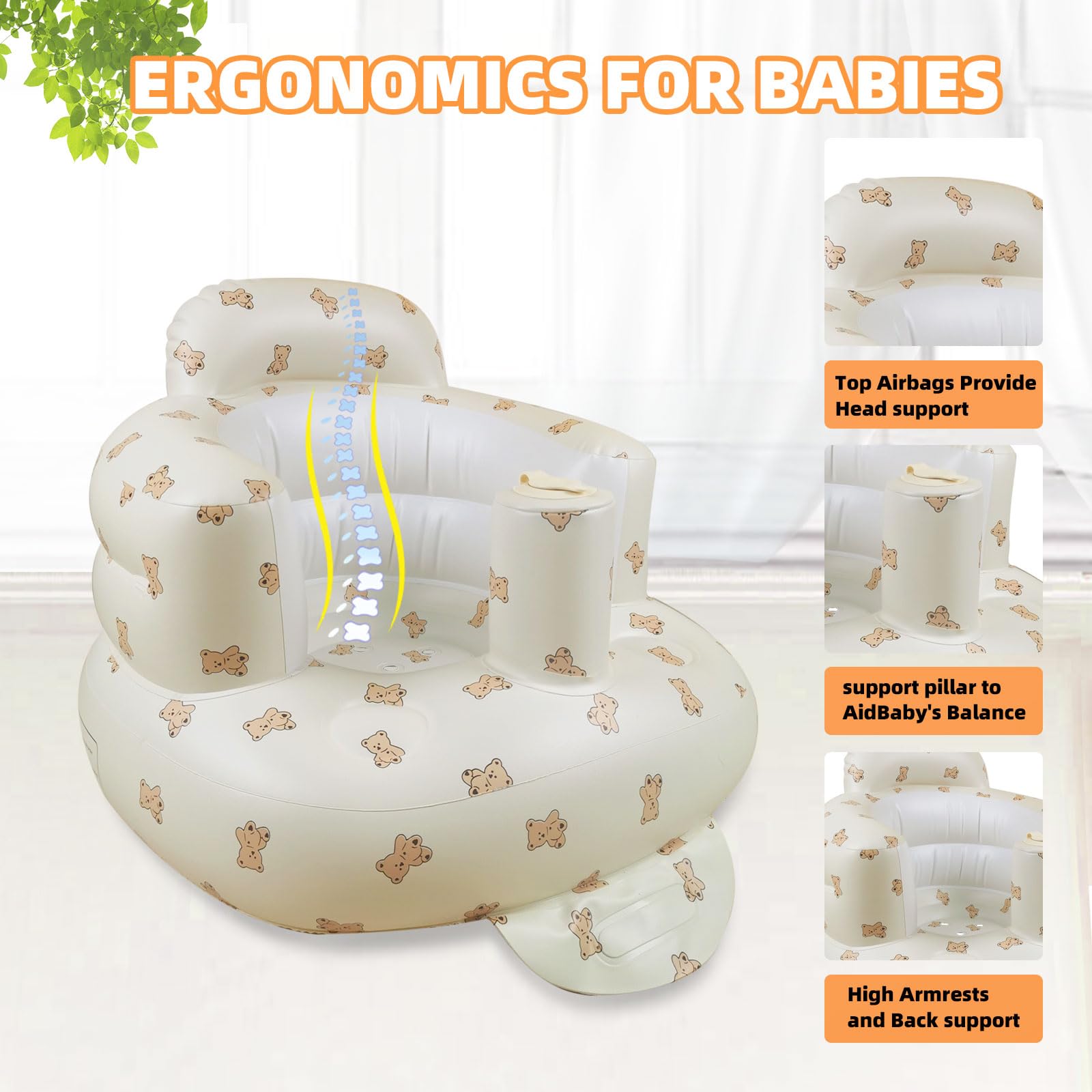 AGITVPS inflatable baby seat side view highlights stable, tip-resistant design.