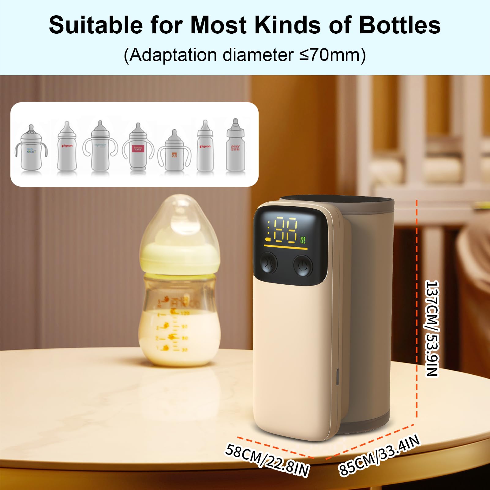 AGWIM bottle warmer bottle-compatibility shows fits standard and wide-neck bottles.