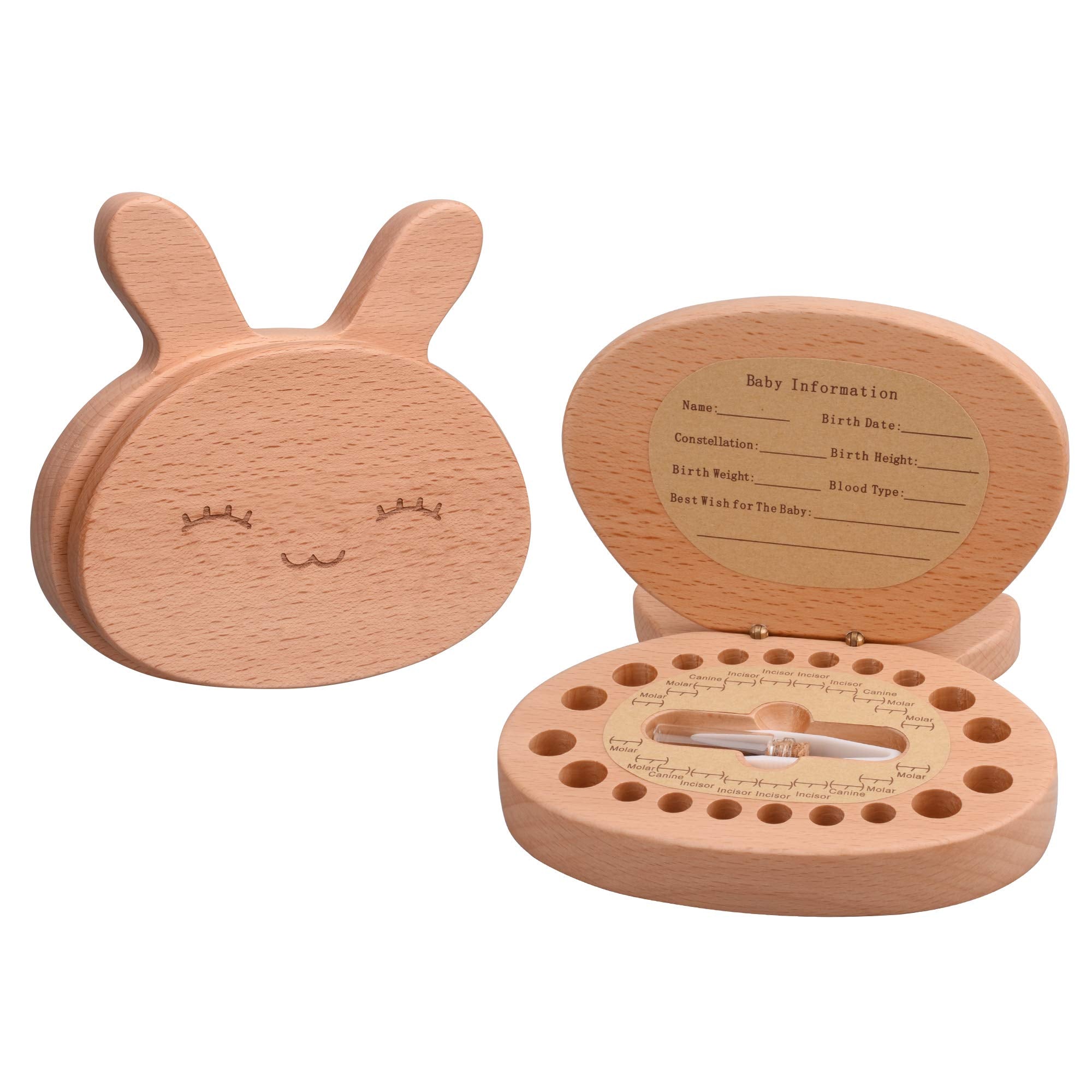 AhfuLife baby tooth box front view wooden bunny offers safe tooth storage and memories