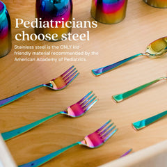 Ahimsa kids utensils set closeup demonstrates ergonomic handles for little hands.