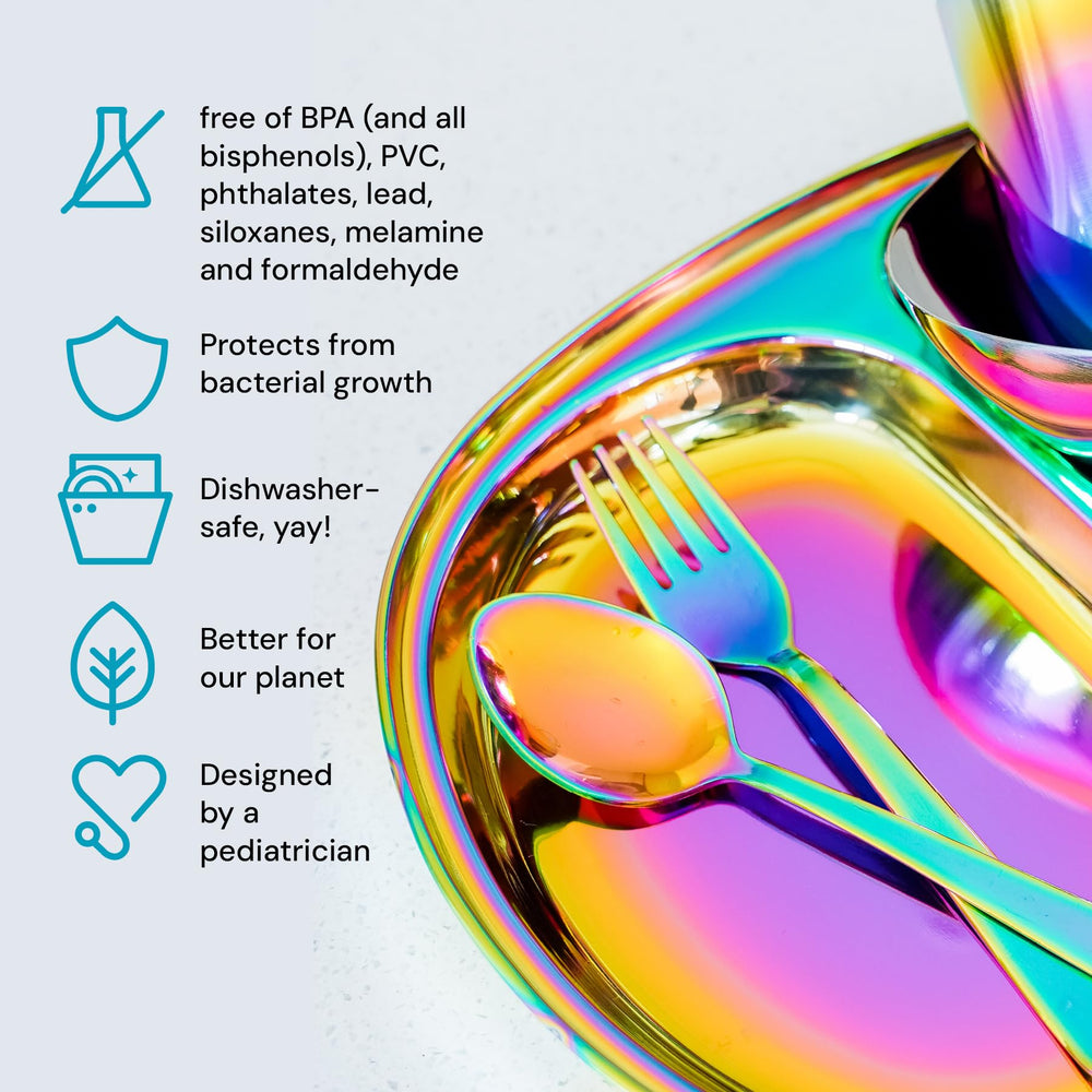Ahimsa rainbow spoon closeup highlighting non-toxic stainless steel for safe meals.