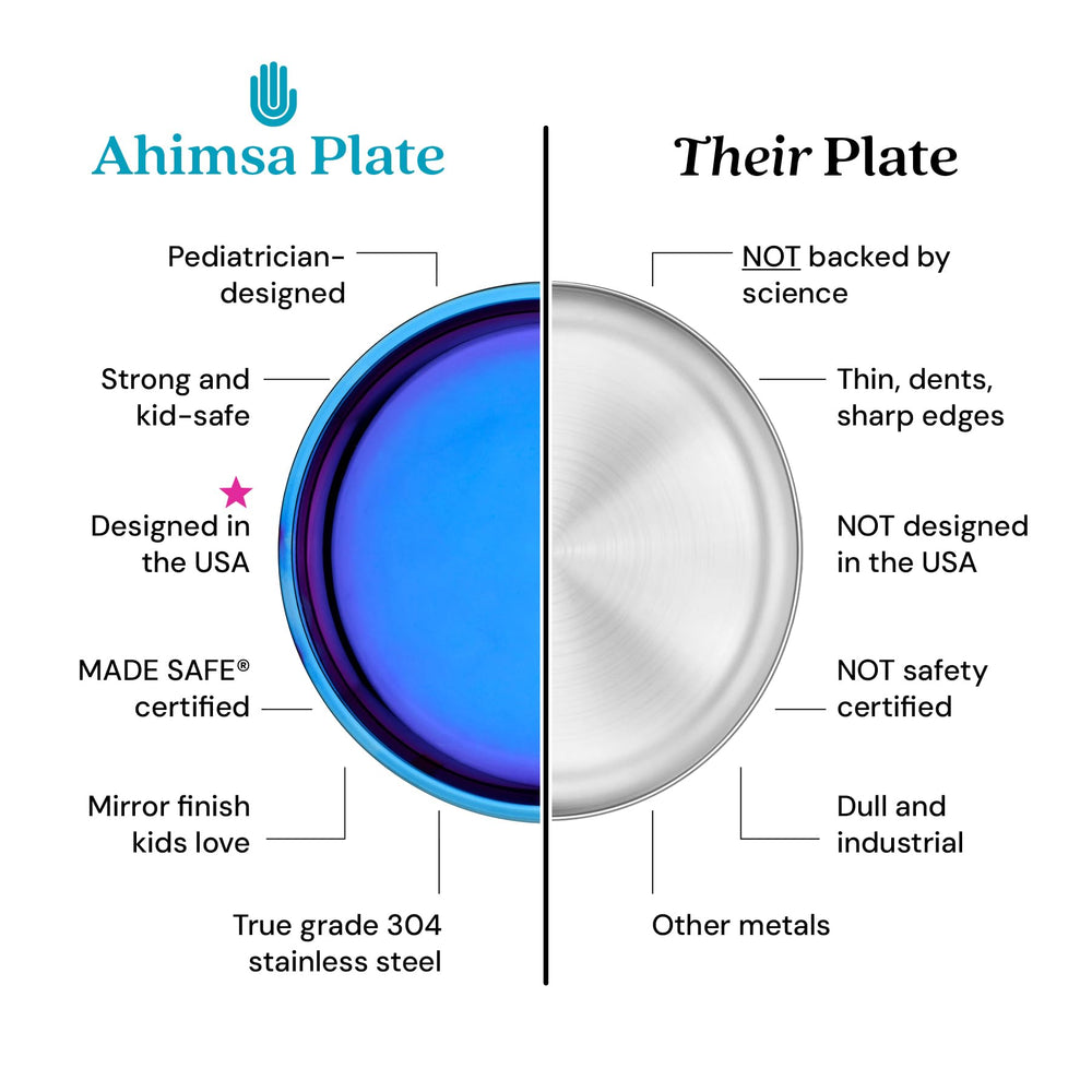 Ahimsa stainless-steel dinnerware with titanium color finish resists chipping.