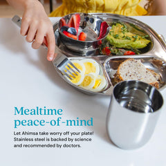 Ahimsa training cup in stainless steel promotes confident self-feeding during meals.