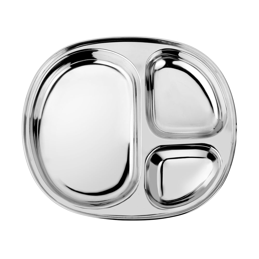 Ahimsa stainless steel kids plate hero shot shows durable unbreakable mealtime solution.