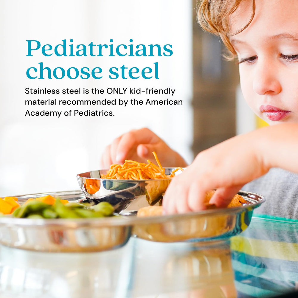 Ahimsa plate self-feeding closeup showcases curved edges aiding toddler self-feeding.