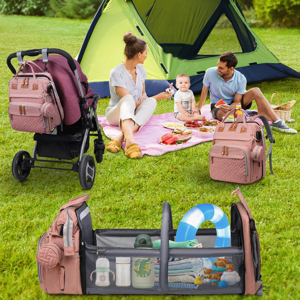 AHNTTGS diaper bag backpack front-pocket foil-lining helps keep bottles warm.