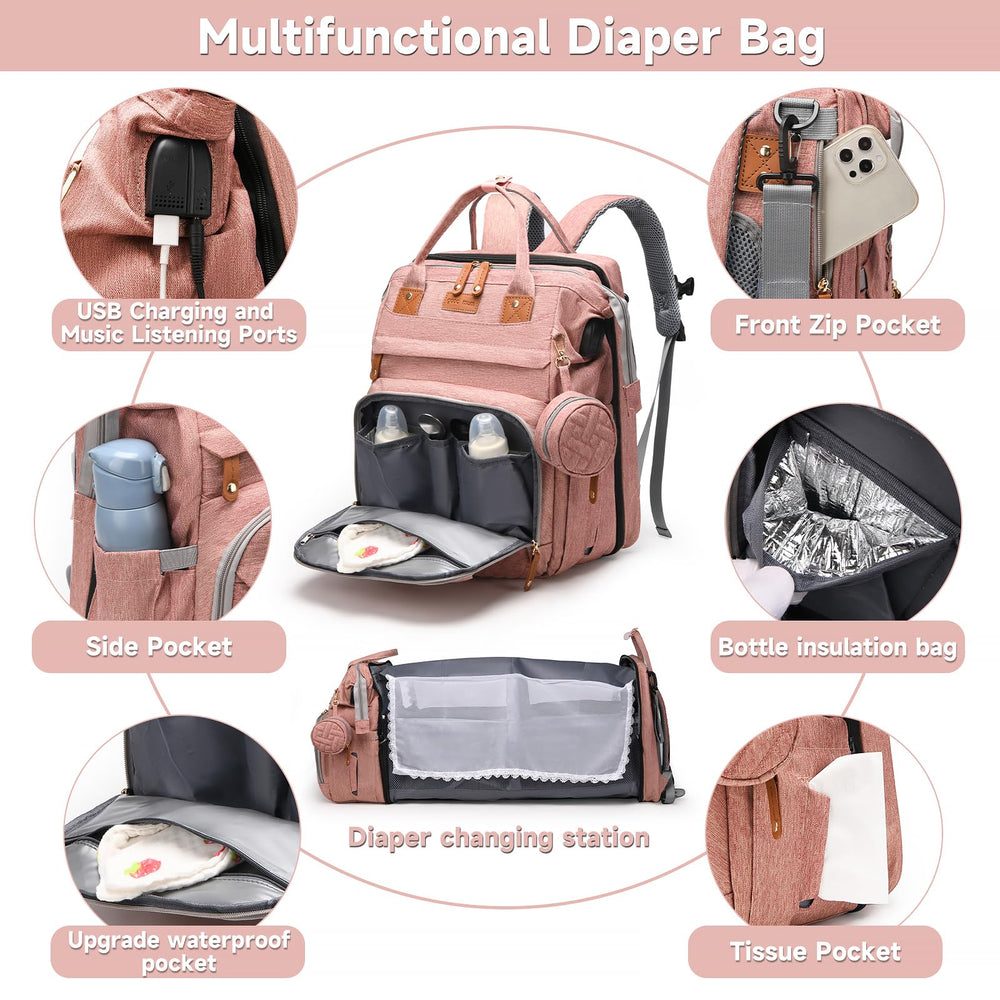 AHNTTGS diaper bag backpack waterproof polyester keeps contents protected in rain or spills.