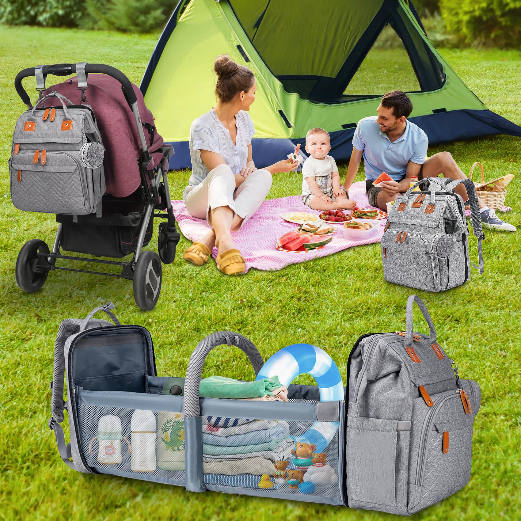 AHNTTGS Up-Grey large capacity diaper bag for travel days.