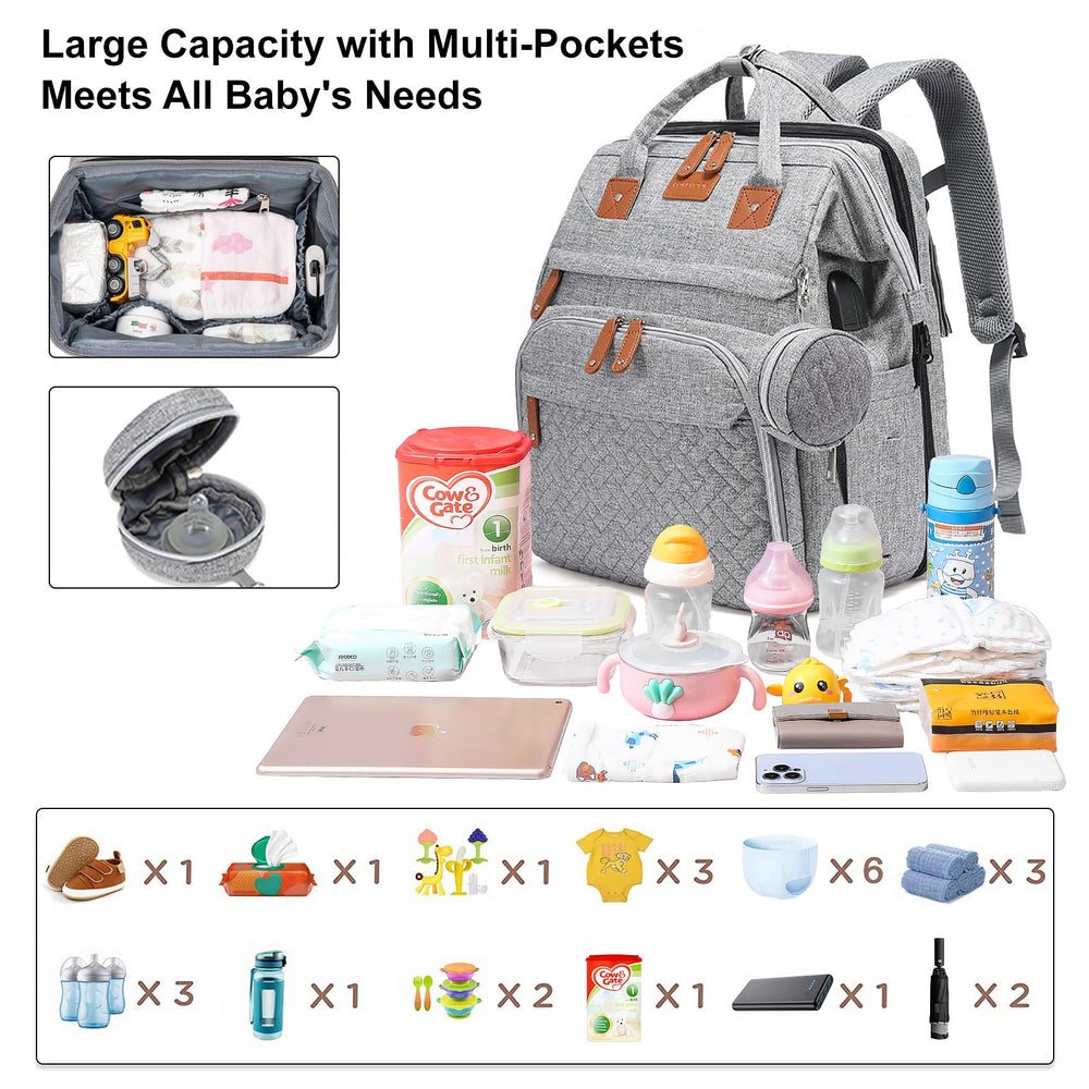 AHNTTGS Up-Grey interior with 19 organized pockets for bottles, diapers, and wipes.