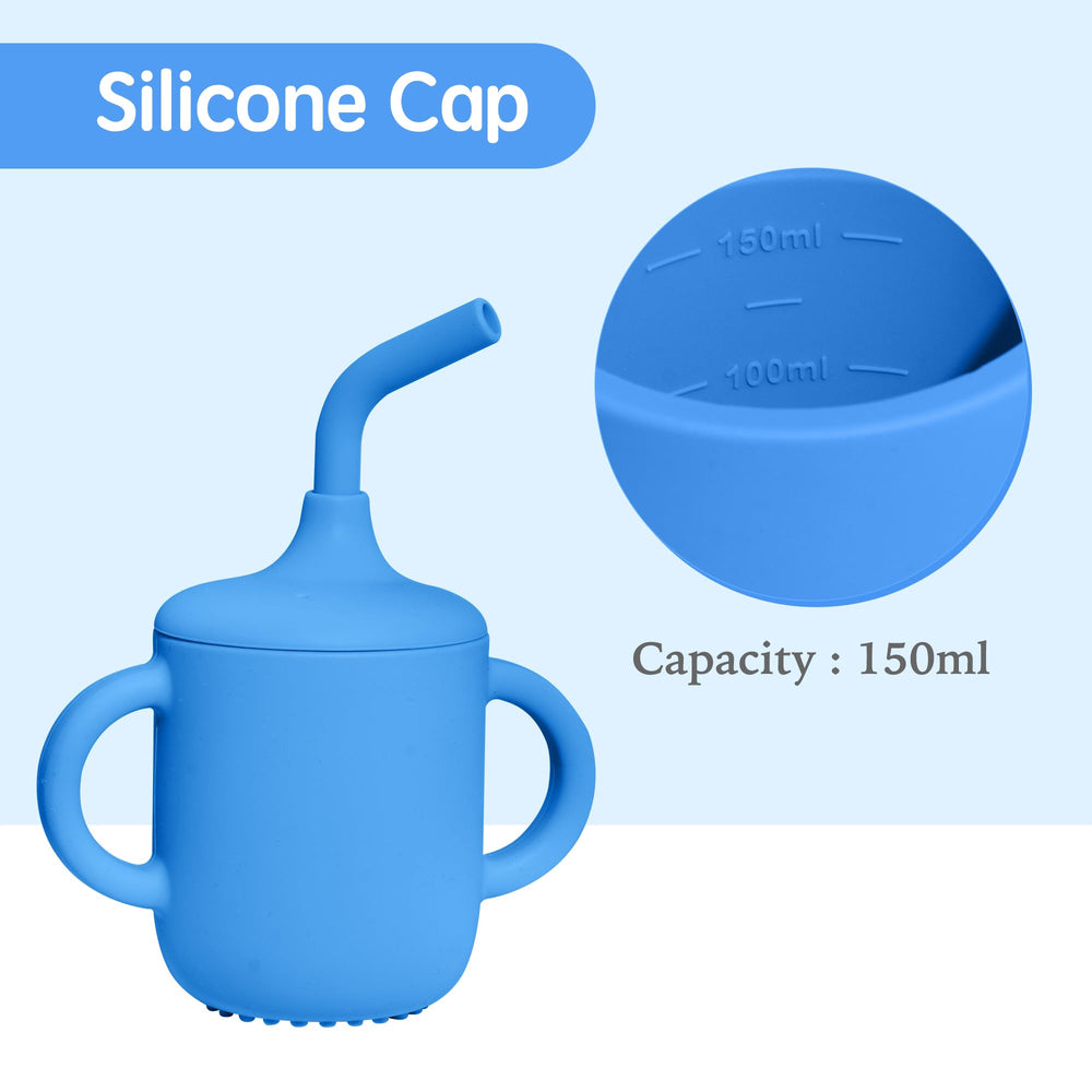 Ai Bei silicone baby cup blue with lid is leak-proof and easy to clean.