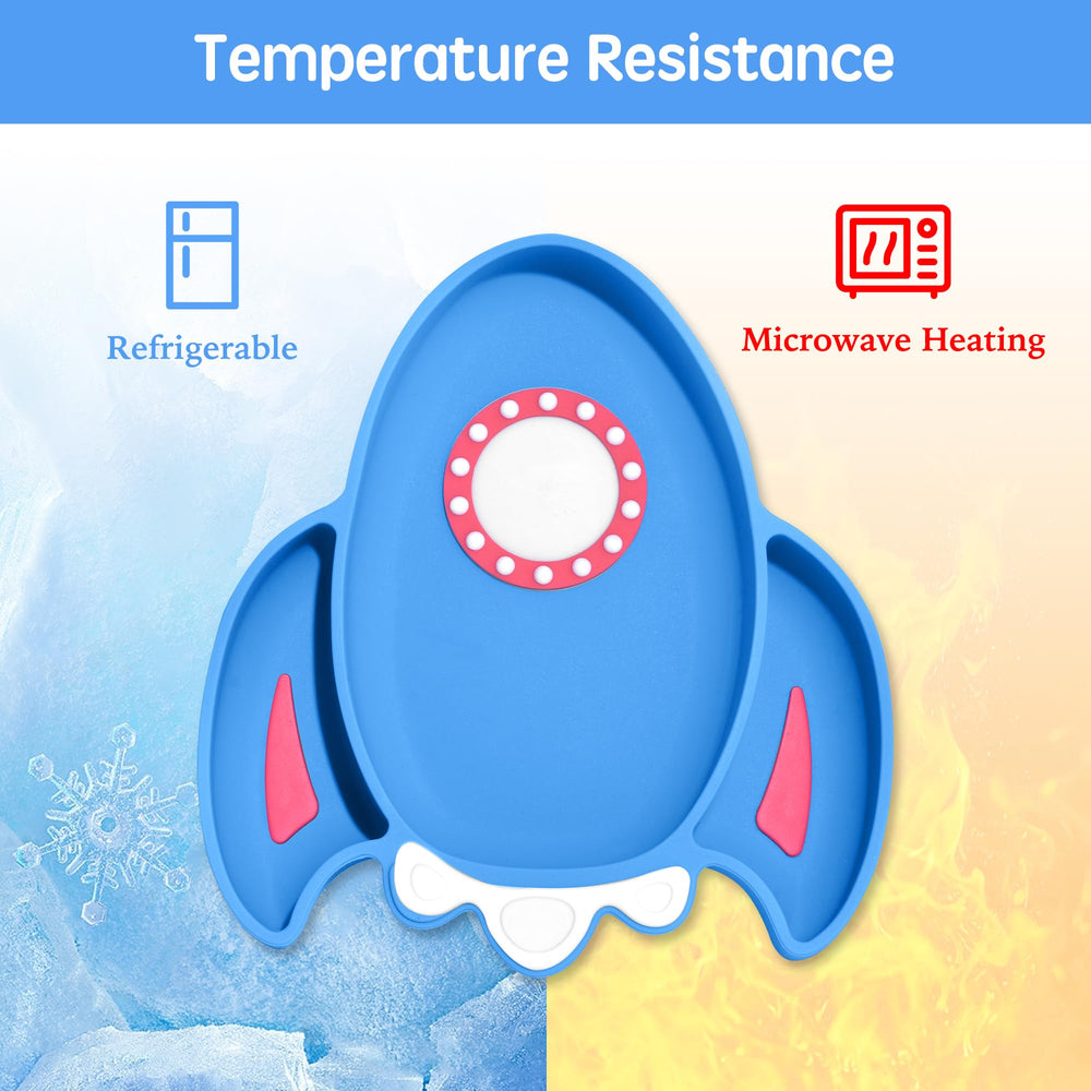 Ai Bei silicone suction plate blue pairs with the bowl to reduce spills.