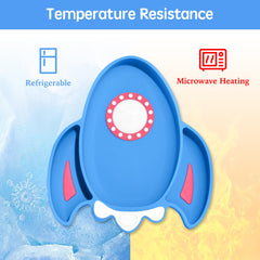 Ai Bei silicone suction plate blue pairs with the bowl to reduce spills.