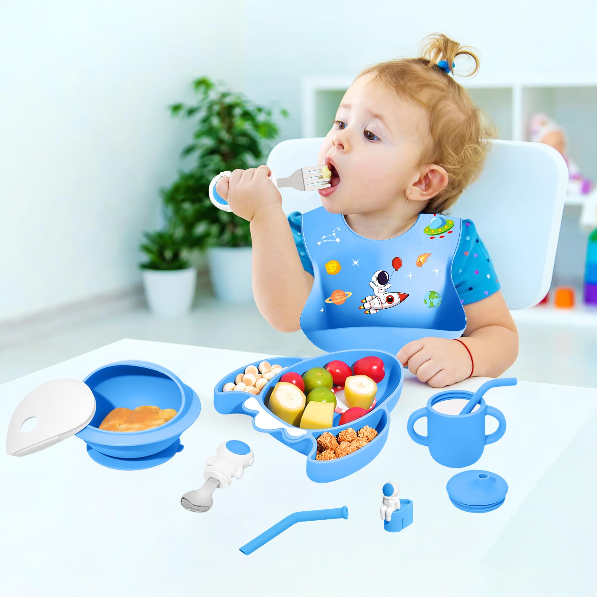 Ai Bei stainless steel fork and spoon with astronaut handles promote proper posture at meals.